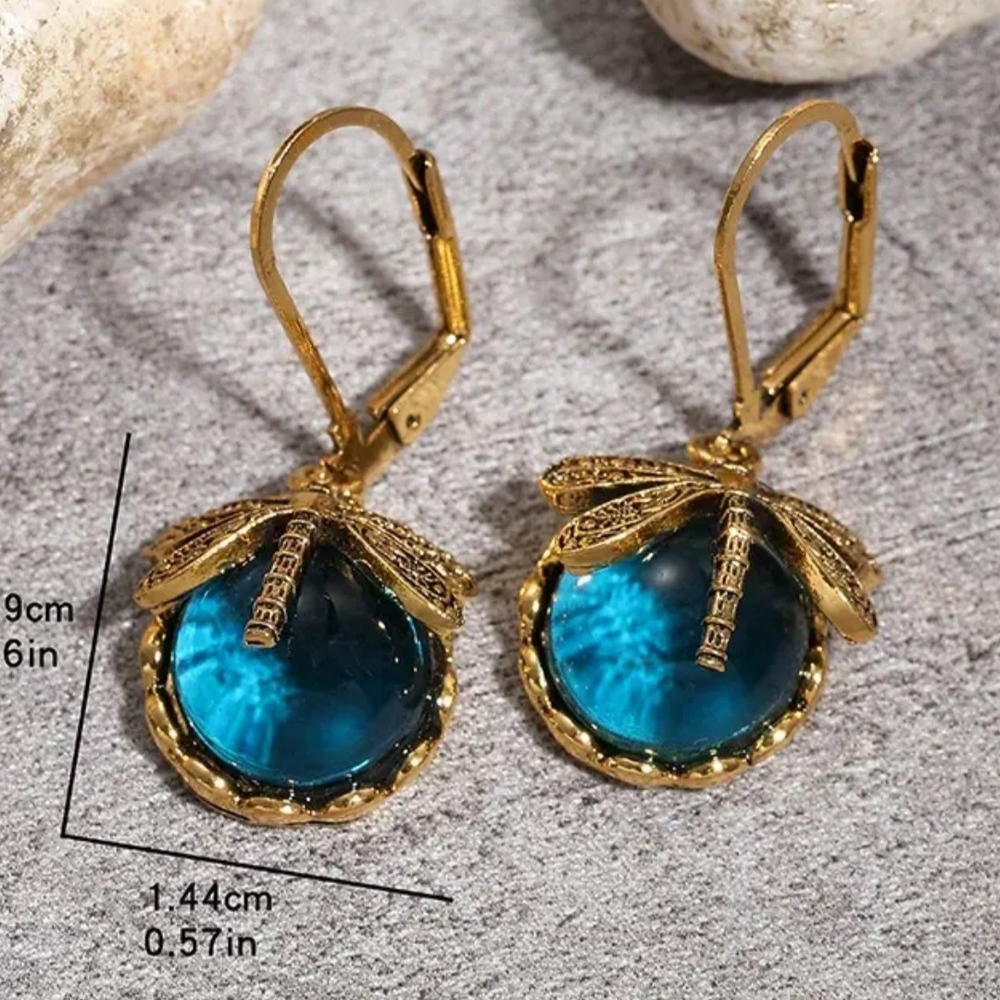 Elegant Gold and Blue Dragonfly Earrings